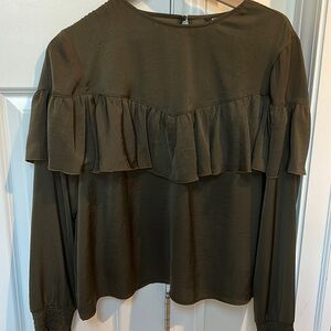 Express olive green silky ruffle blouse large